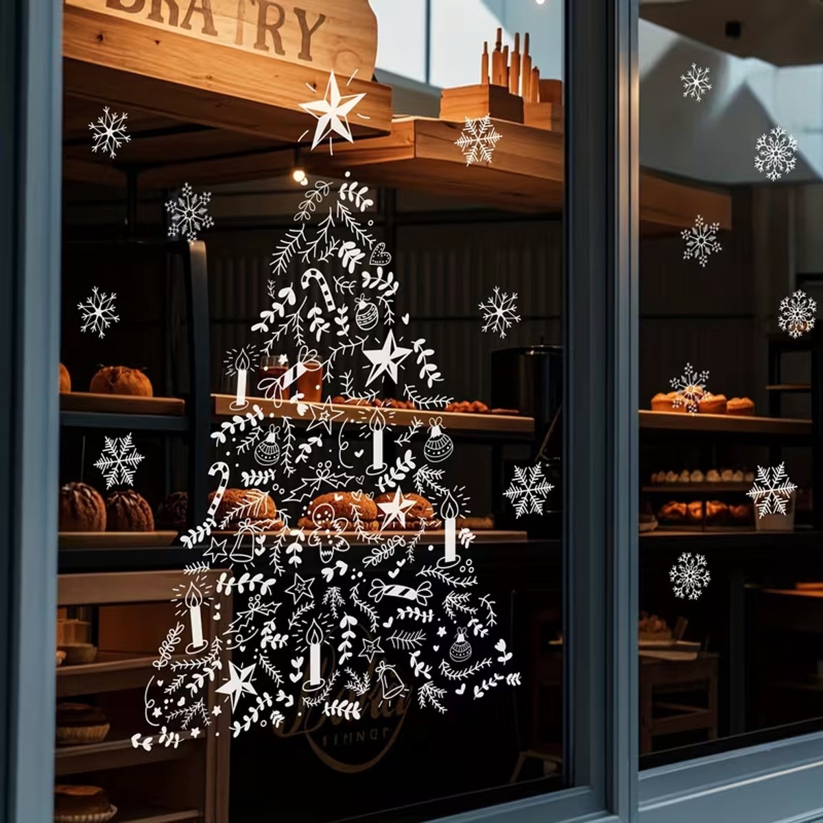 Raamstickers kerst | Kerstboom wit met sneeuwvlokken, kaarsjes, kerststerren en zuurstokken - Kerstversiering - Raamdecoratie feestdagen