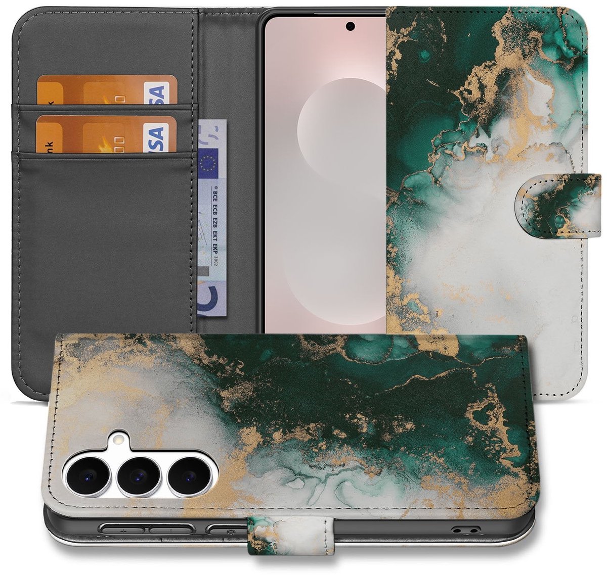 Bookcase Hoes Samsung Galaxy S25 FE Marmer Groen PU Leer 3 Pasjes