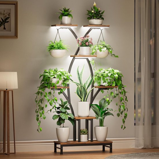 Tribesigns 5-laags Plantenstandaard Voor Binnen - 71,8 Grote Metalen Plantenplank Met 10 S Haken Hangende Plantenbakorganizer Multifunctionele Plantenstandaard Voor Binnen Tuin Balkon Woonkamer Bruin En Zwart