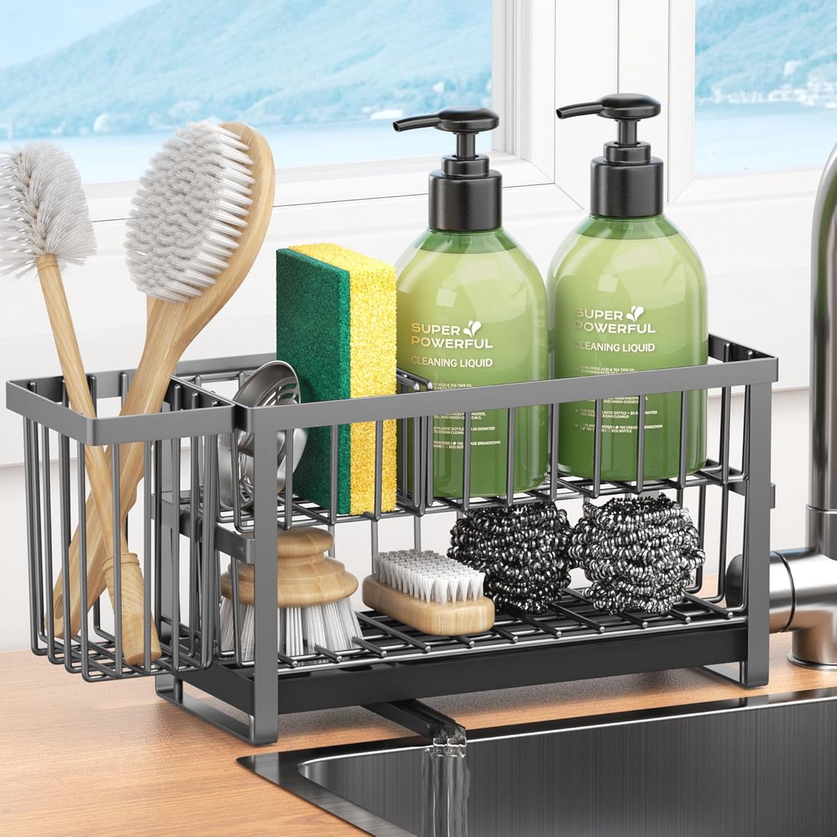 2-laags gootsteen caddy organizer met afwasborstelhouder en 360° afvoerbak - Roestvrijstalen afdruiprek voor accessoires