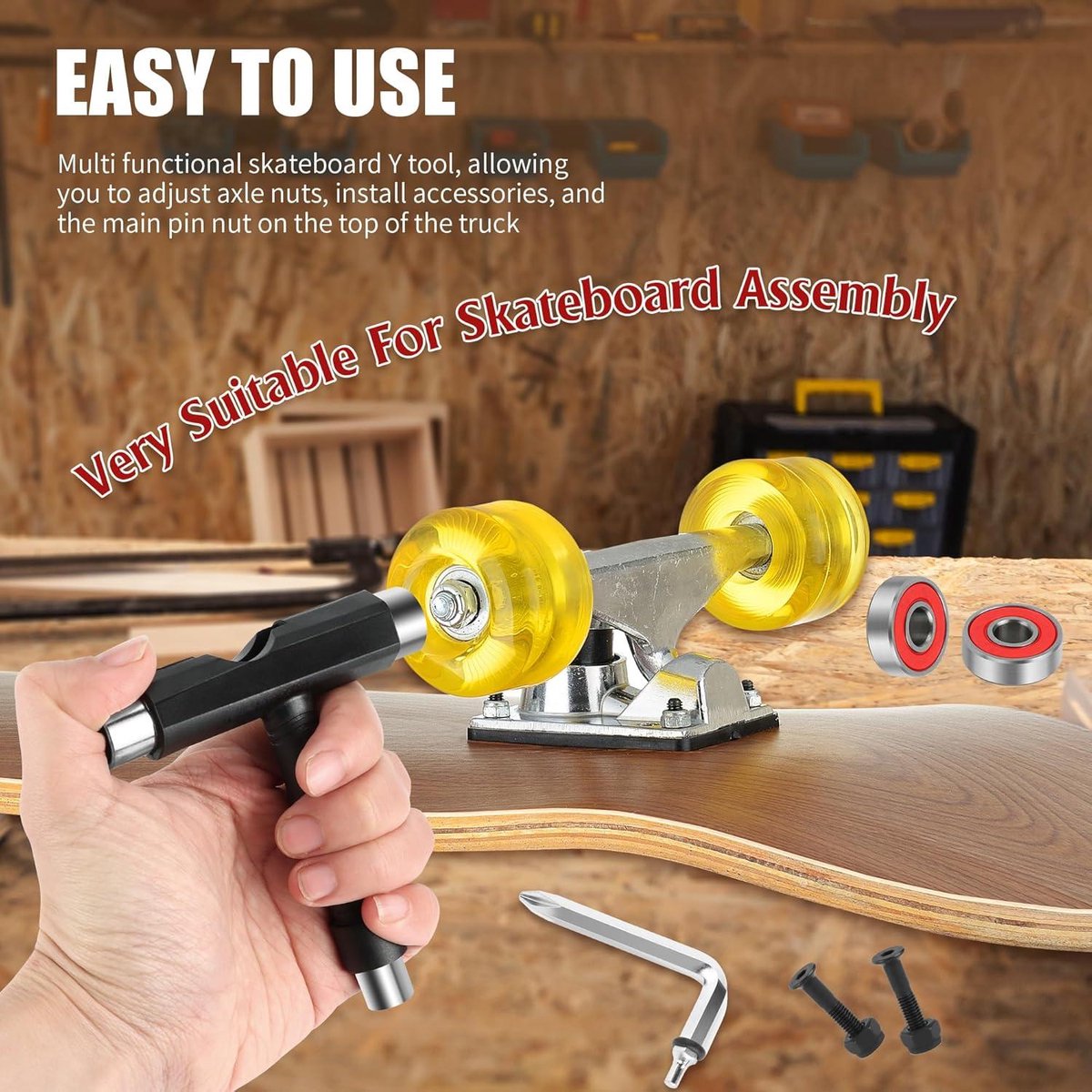 Allecta - Skateboard-tool met 20 stuks schroefsleutels en 8 stuks 608 RS kogellagers - Multifunctioneel skateboardgereedschap voor longboard en skate.