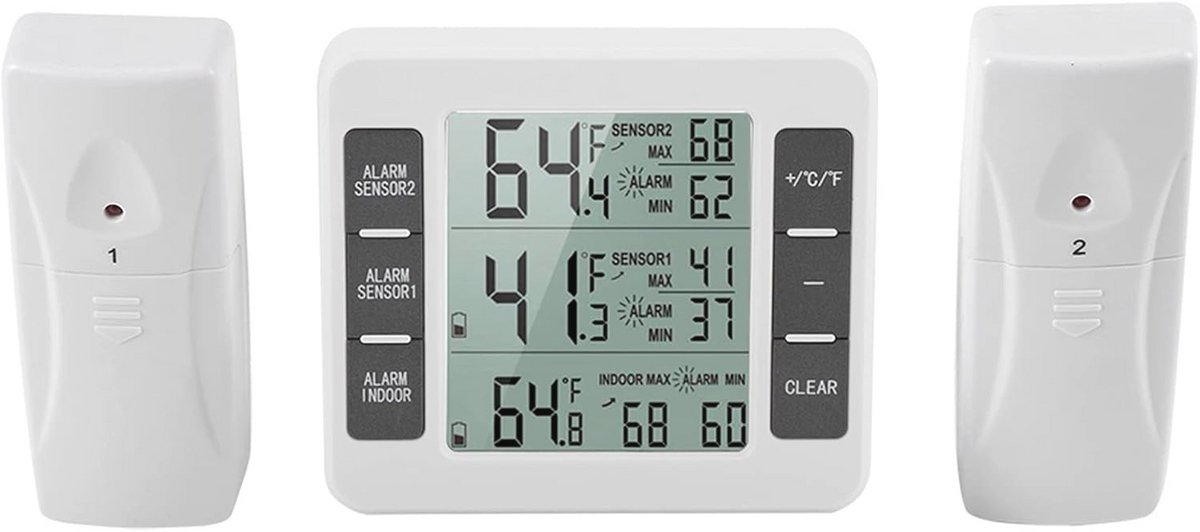 Draadloze Digitale Vriezer Thermometer met 2 Sensorkappen en Alarm - Temperatuurregistratie Binnen en Buiten