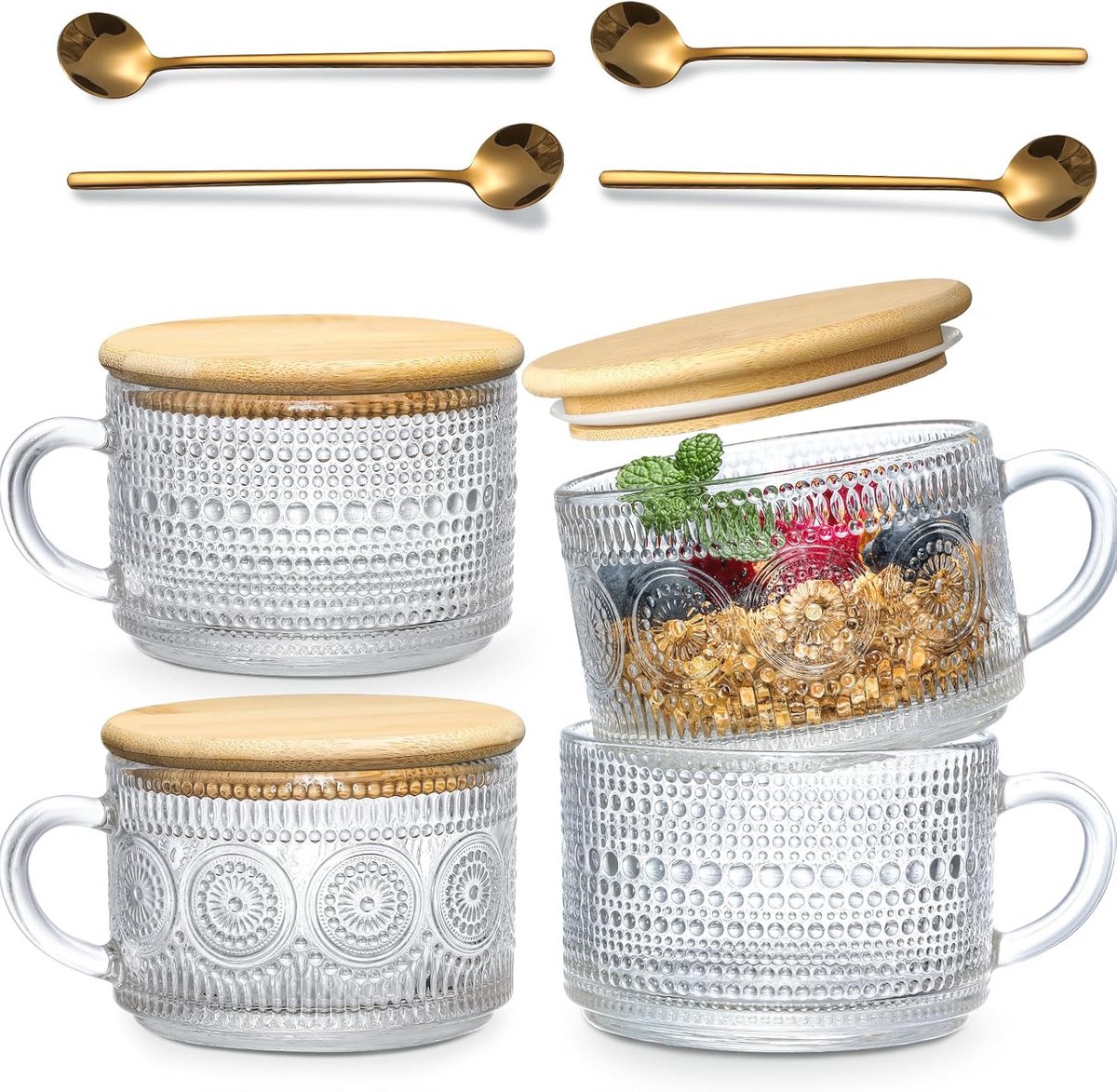Set van 4 Vintage Koffiemokken en Nachtelijke Havercontainers met Bamboe Deksels