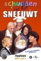 DVD-hoes met de titel 'Schudden tot het sneeuwt'. Een kok staat achter vier lachende mensen die naar een sneeuwbol kijken.