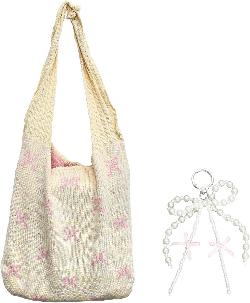 Beige & Roze Grote Gehaakte Shopper Tas met Parels en Strik - Strandtas en Handtas