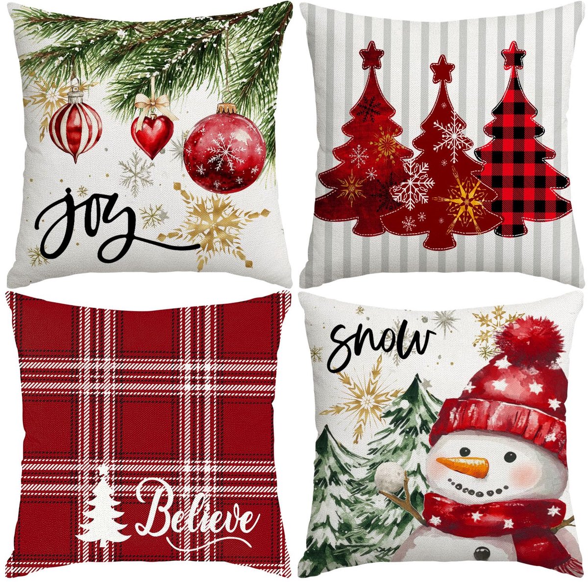 Unyqoos Set van 4 Kerstkussenhoezen met Sneeuwpop en Plaid Motief voor Bank rood