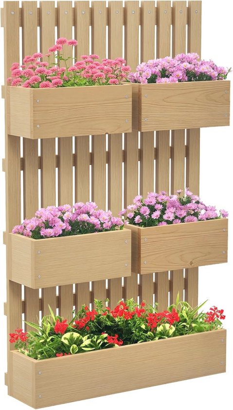 Houten wandplantenbak met 5 potten vol met roze, paarse en rode bloemen.