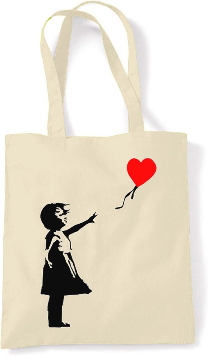 Eco-vriendelijke schoudertas met Banksy Ballon Girl design - Wit - L