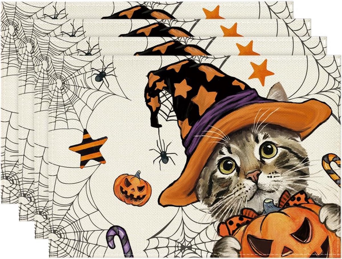 Halloween Placemats Set van 4 - 30 x 45 cm - Wasbare Tafel Beschermers voor Feestdagen