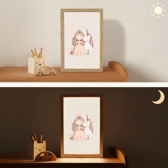 Nachtlampje 20x30 cm - Kinder lampje - Prinses - Eenhoorn - Pastel - Tafellamp kinderkamer - Slaapkamer lamp - Bedlamp kinderen - Kinderlampje stopcontact - Wandlamp babykamer - Nachtlampjes van OnlyWow — afbeelding 4
