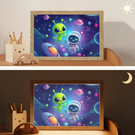 Nachtlampje 30x20 cm - Kinder lampje - Alien - Astronaut - Ruimte - Planeten - Tafellamp kinderkamer - Slaapkamer lamp - Bedlamp kinderen - Kinderlampje stopcontact - Wandlamp babykamer - Nachtlampjes van Merkloos — afbeelding 4