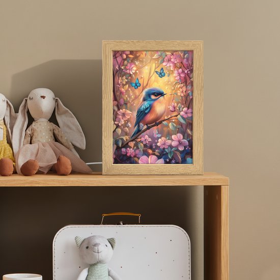 Nachtlampje 15x20 cm - Kinder lampje - IJsvogel - Sprookjesbos - Roze - Bloemen - Tafellamp kinderkamer - Slaapkamer lamp - Bedlamp kinderen - Kinderlampje stopcontact - Wandlamp babykamer - Nachtlampjes van OnlyWow — afbeelding 3