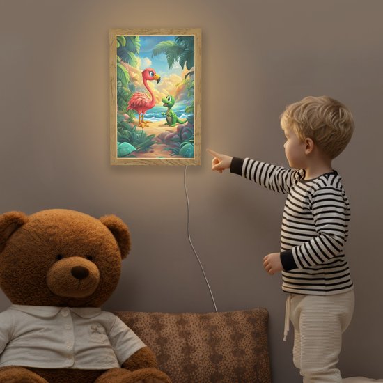 Nachtlampje 20x30 cm - Kinder lampje - Flamingo - Dinosaurus - Strand - Kleurrijk - Tafellamp kinderkamer - Slaapkamer lamp - Bedlamp kinderen - Kinderlampje stopcontact - Wandlamp babykamer - Nachtlampjes van Geharo — afbeelding 5