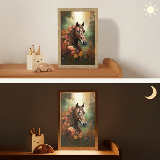 Nachtlampje 20x30 cm - Kinder lampje - Paard - Bloemen - Natuur - Dieren - Bos - Oranje - Tafellamp kinderkamer - Slaapkamer lamp - Bedlamp kinderen - Kinderlampje stopcontact - Wandlamp babykamer - Nachtlampjes van OnlyWow — afbeelding 4