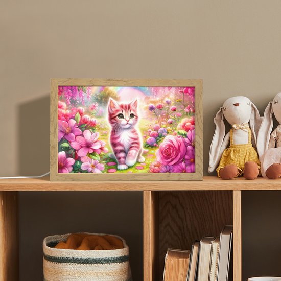 Nachtlampje 30x20 cm - Kinder lampje - Kitten - Roze - Kat - Regenboog - Bloemen - Tafellamp kinderkamer - Slaapkamer lamp - Bedlamp kinderen - Kinderlampje stopcontact - Wandlamp babykamer - Nachtlampjes van Merkloos — afbeelding 3
