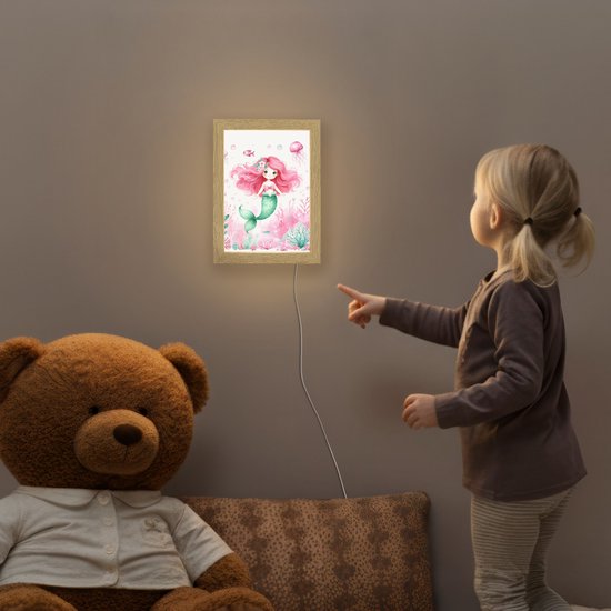 Nachtlampje 15x20 cm - Kinder lampje - Zeemeermin - Roze - Zeedieren - Onderwater - Tafellamp kinderkamer - Slaapkamer lamp - Bedlamp kinderen - Kinderlampje stopcontact - Wandlamp babykamer - Nachtlampjes van Home Living — afbeelding 5