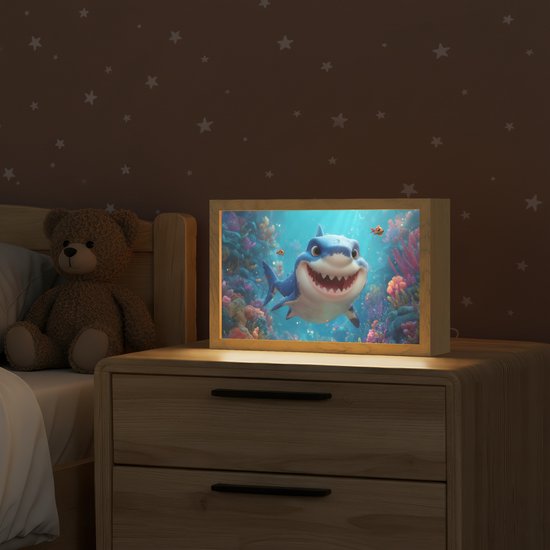 Nachtlampje 30x20 cm - Kinder lampje - Haai - Onderwaterwereld - Oceaan - Tafellamp kinderkamer - Slaapkamer lamp - Bedlamp kinderen - Kinderlampje stopcontact - Wandlamp babykamer - Nachtlampjes van Merkloos — afbeelding 2