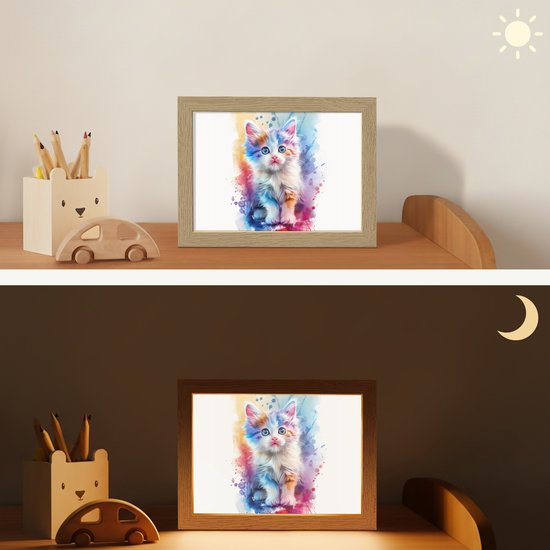 Nachtlampje 20x15 cm - Kinder lampje - Kat - Kleurrijk - Verf - Dier - Wit - Tafellamp kinderkamer - Slaapkamer lamp - Bedlamp kinderen - Kinderlampje stopcontact - Wandlamp babykamer - Nachtlampjes van OnlyWow — afbeelding 4