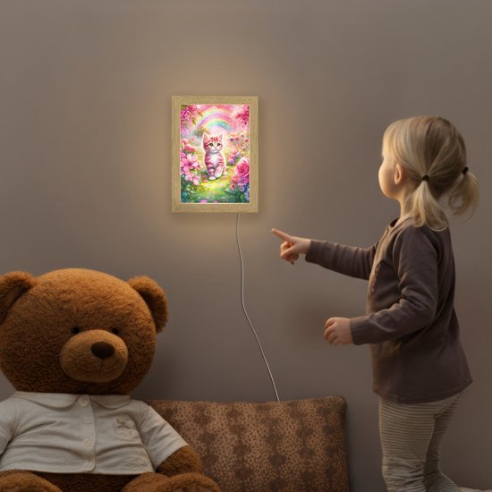 Nachtlampje 15x20 cm - Kinder lampje - Kitten - Roze - Kat - Regenboog - Bloemen - Tafellamp kinderkamer - Slaapkamer lamp - Bedlamp kinderen - Kinderlampje stopcontact - Wandlamp babykamer - Nachtlampjes van Merkloos — afbeelding 5