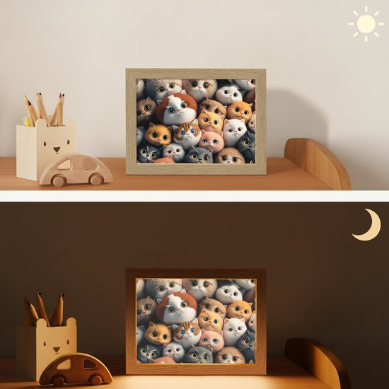 Nachtlampje 20x15 cm - Kinder lamp - Poes - Kat - Design - Bruin - Grijs - Kids - Tafellamp kinderkamer - Slaapkamer lamp - Bedlamp kinderen - Kinderlampje stopcontact - Wandlamp babykamer - Nachtlampjes van Merkloos — afbeelding 4
