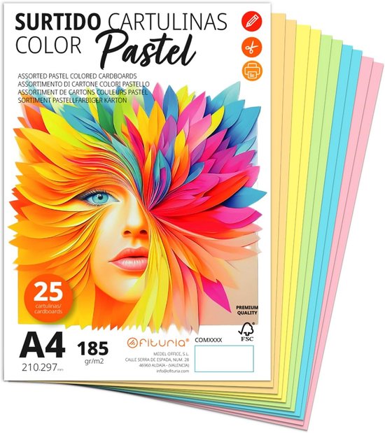 Gekleurd karton, A4, verschillende pastelkleuren, 180 g, voor knutselen, het afdrukken van uw documenten en creatieve designs, A4-kleurenbladen, m-office (x100, pastelassortiment