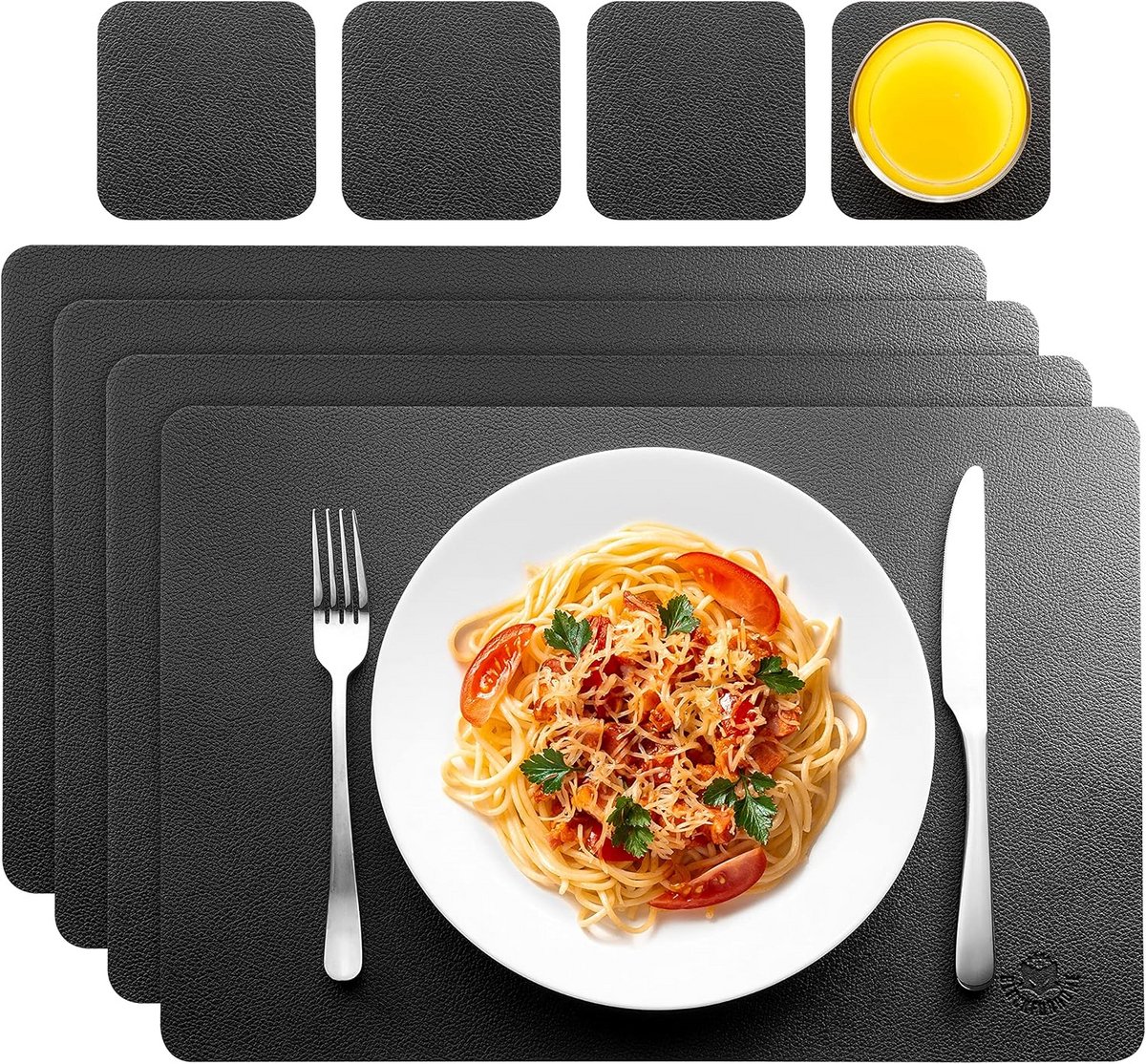 Set van 4 Zwarte Kunstleren Placemats en Onderzetters, Afwasbaar en Elegant