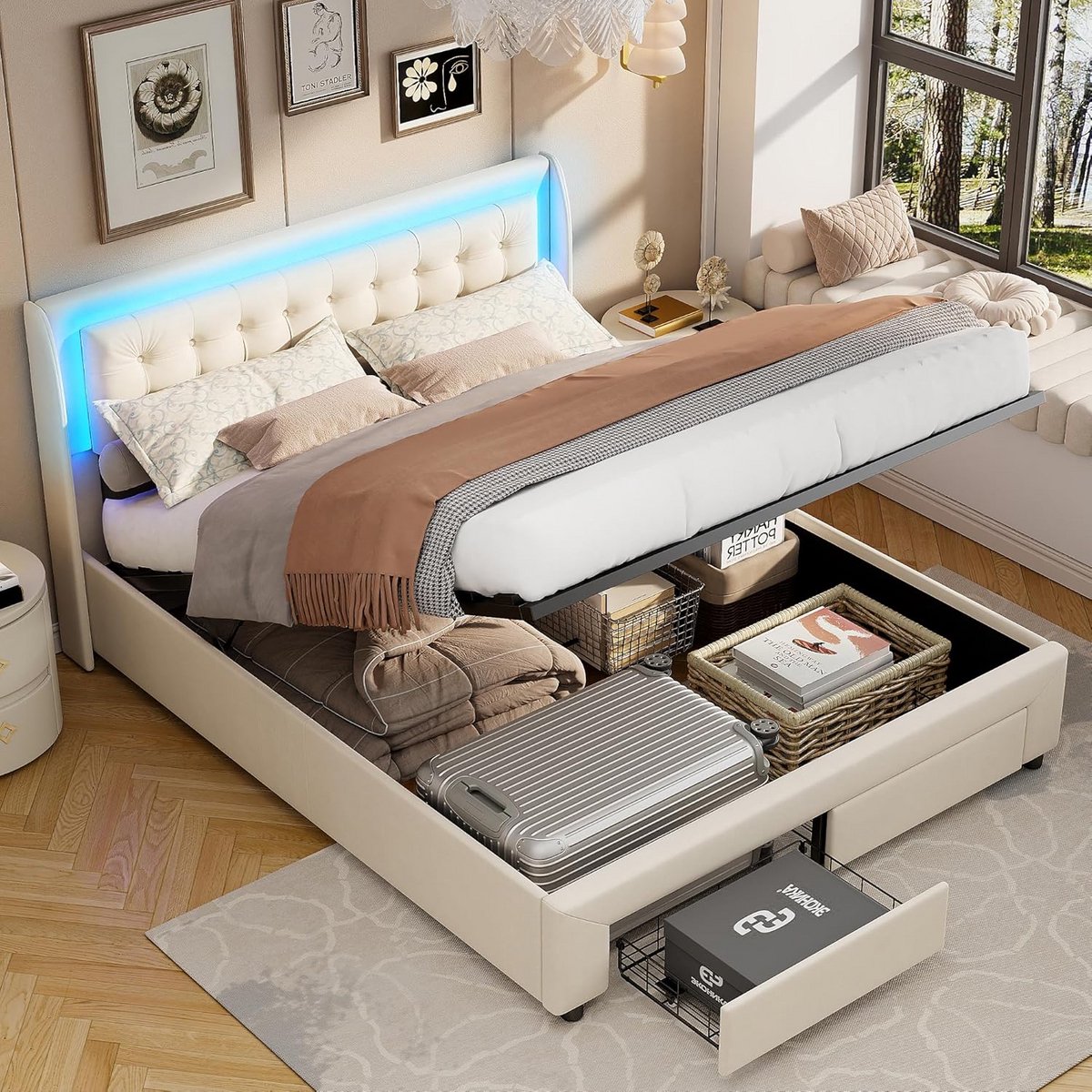 Tweepersoons Boxspring / Bed met Opbergruimte (140x190 cm), LED Verlichting en Lade