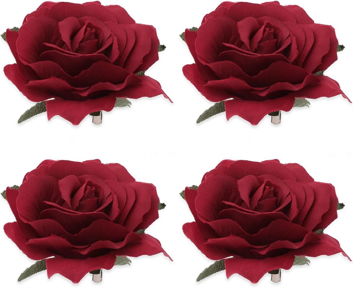 4x Grote Rode Bloem Speld & Corsage Set - Stof Rozen Haaraccessoire voor Feest & Bruiloft