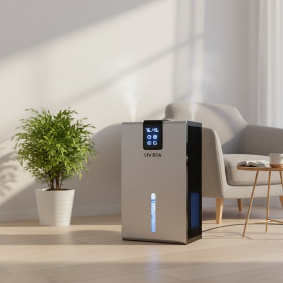 Zilveren Livista luchtontvochtiger met blauwe waterindicatie en digitaal display.
