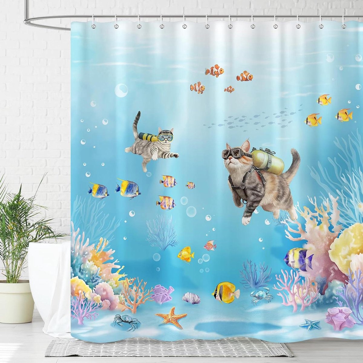 Allecta - Duikende Kat Douchegordijn, Oceaanscène, Waterdicht Schimmelwerend, 180x180cm