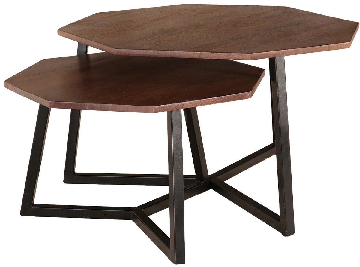 Salontafel octagon 2delig mangohout Loes side table industrieel bijzettafel massief hout mango duurzaam