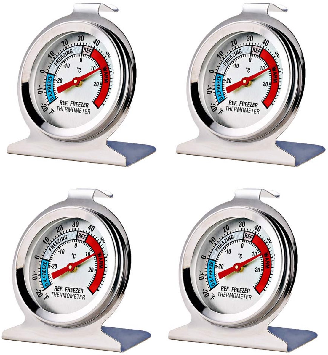 4-delige set grote wijzerthermometers voor koelkasten en vriezers, hittebestendige roestvrijstalen oventhermometers (50-300℃).