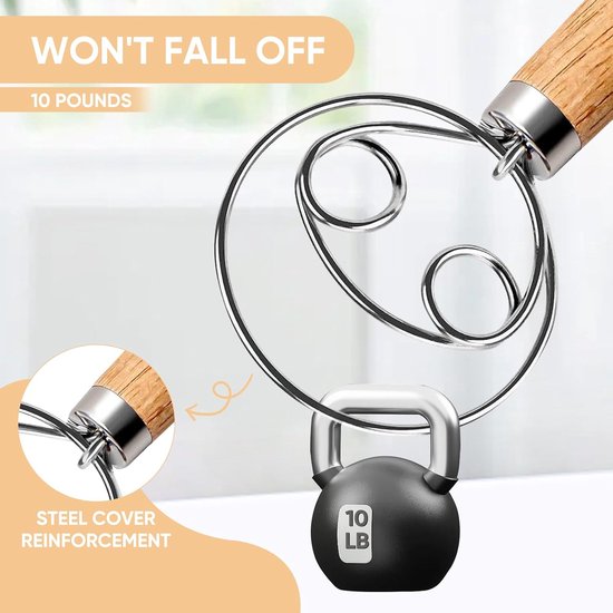 Deense deegmixer - roestvrij staal - handmixer geschikt voor brooddeeg - houten handvat - keukenbakgereedschap - broodbakgereedschap en accessoires -hout -34cm -Dubbele ring — afbeelding 2