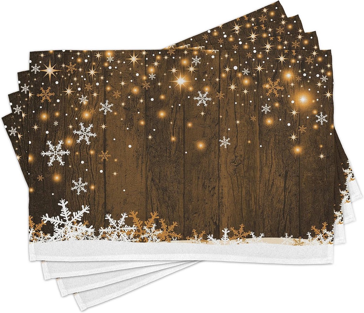 Kerst Placemat Set van 4, Wasbare Fabric met Hout & Sneeuwvlokken, Bruin-Wit voor Eettafel