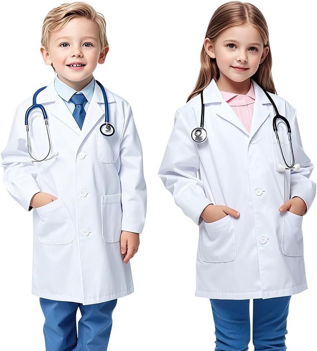 Laboratoriumjas Kinderen – Witte Doktersjas met Zakken, Lange Mouwen, Katoen-Polyester Mix
