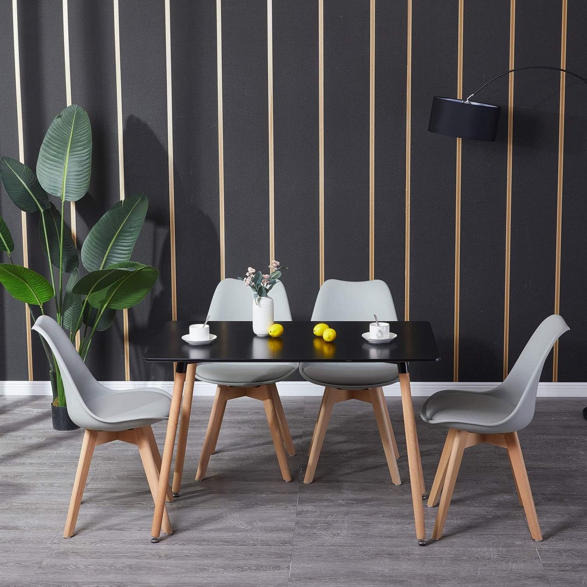 Eethoek met 4 stoelen - rechthoekige eettafel met stoelen voor eetkamer, keuken, huiskamer - zwart tafelblad - grijs stoelen