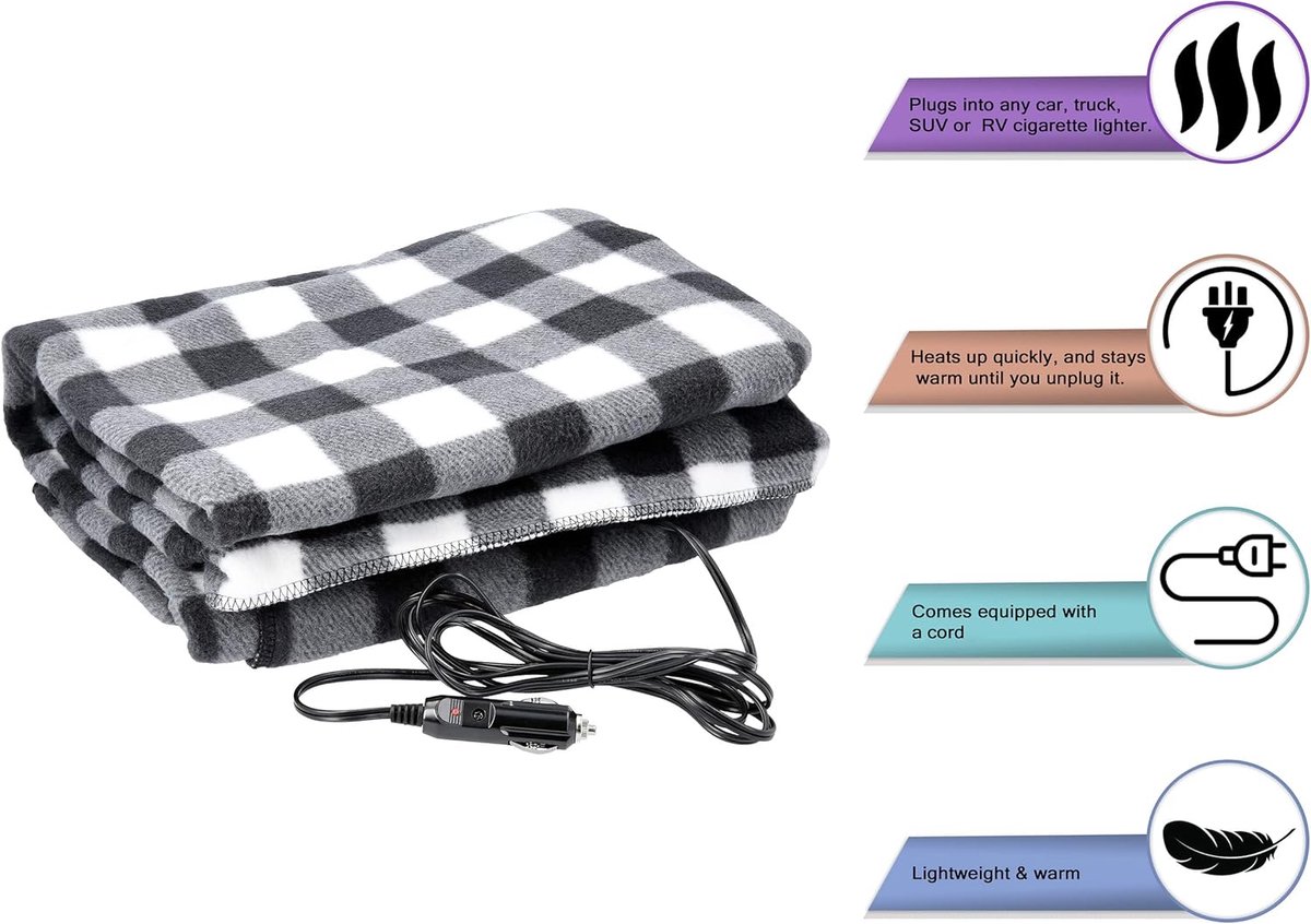 Verwarming deken - 12 volt elektrische deken voor auto's, vrachtwagens, SUV's of RV - draagbare winter camping auto-accessoires (zwart rooster) – foto 4