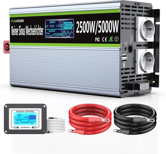 Omvormer 12V naar 230V Zuivere Sinus 2500W Converter met USB-poorten en LED-display voor Auto, Caravan, Boot en Camping