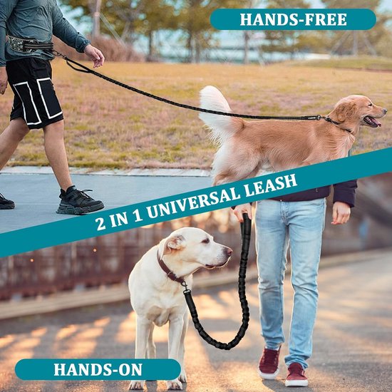 Pecute Hondenriem, geen trekken, handsfree riem met waterdichte en afneembare tas, dubbele handgreep, elastisch touw, schokabsorberend, geschikt voor hardlopen, wandelen en training, voor 15-55 kg