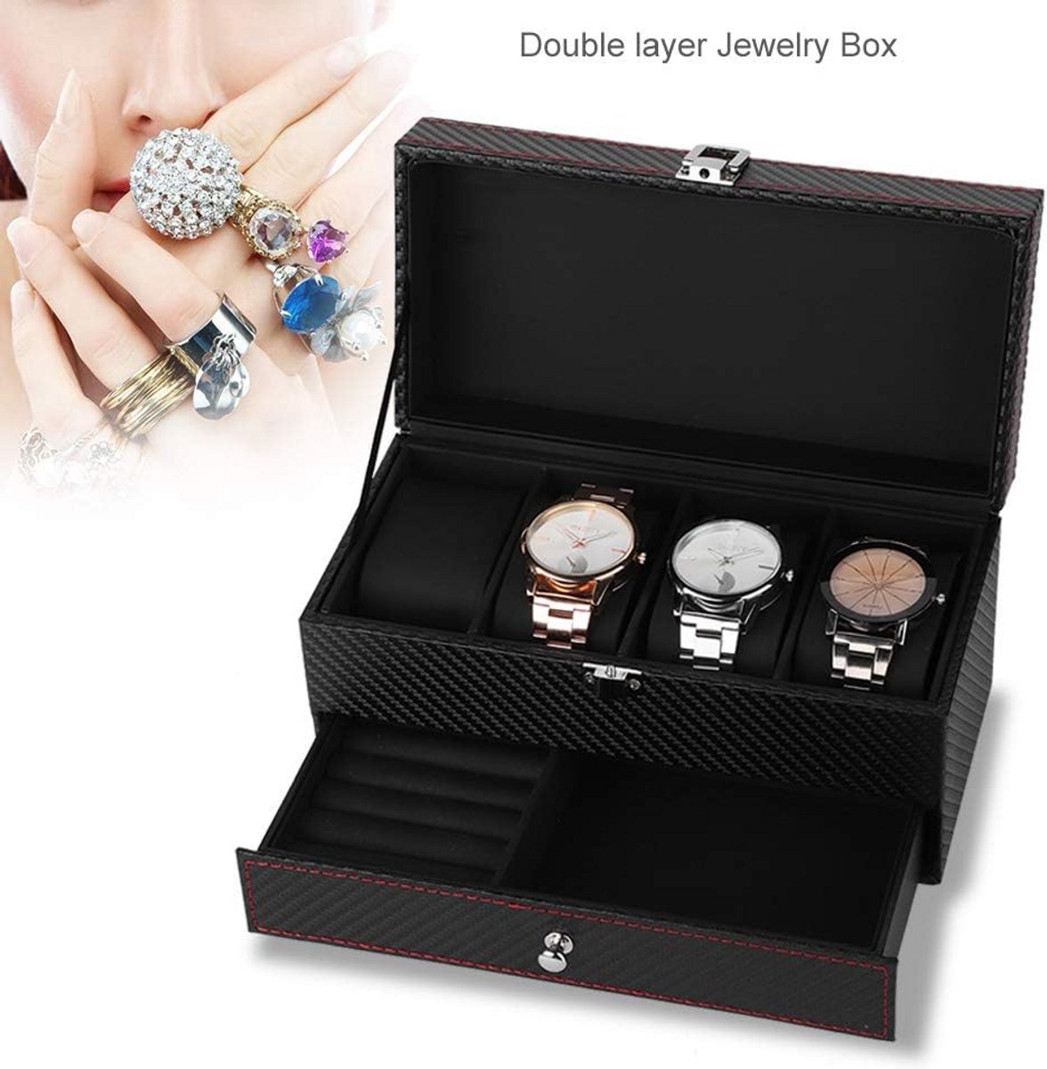 Luxe Horloge en Sieradendoos met Vakken voor 4 Horloges, Ringen, Oorbellen en Kettings