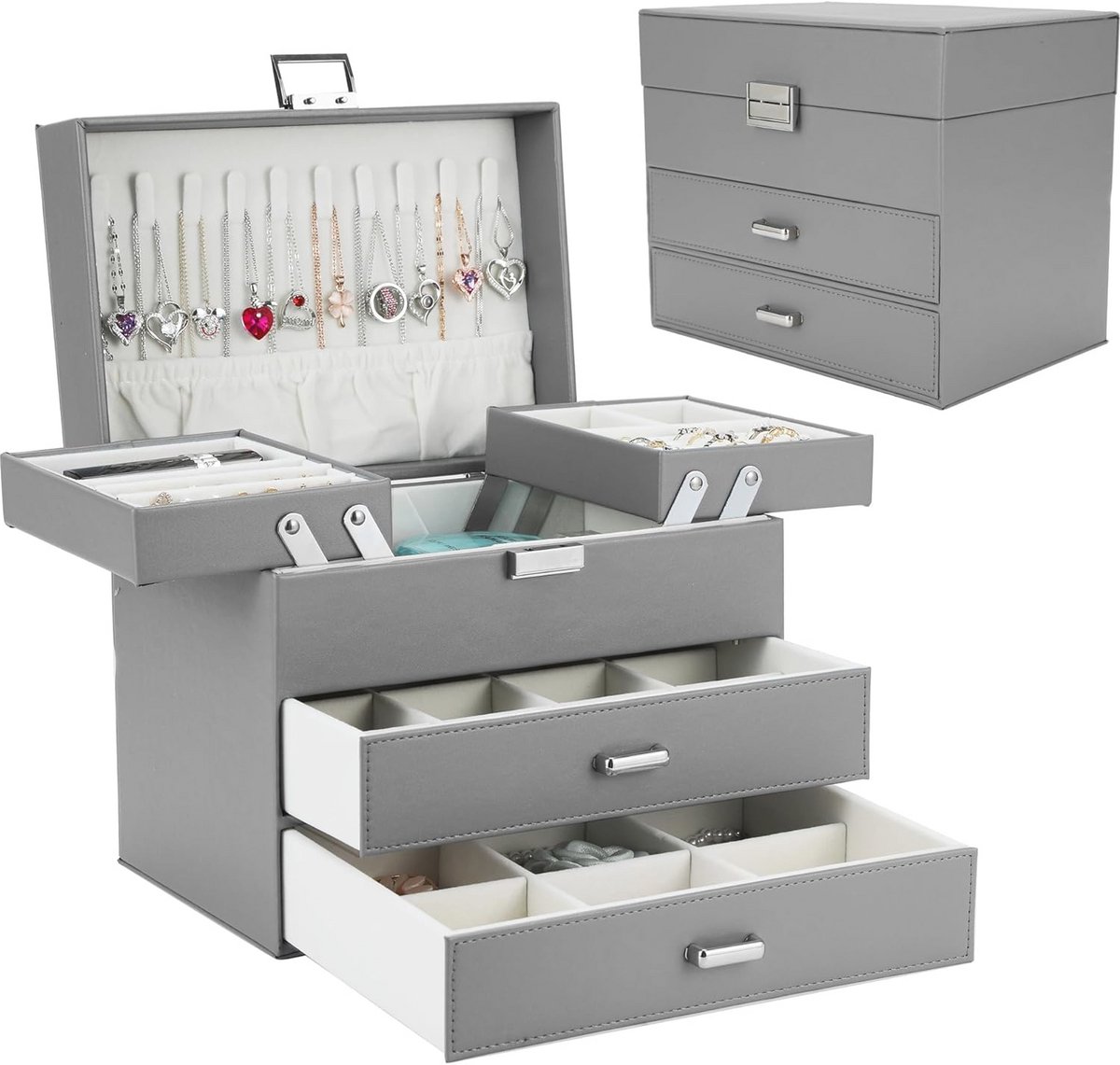 Sieraden Organizer Box met 4 Lagen - Ideale Opbergdoos voor Oorbellen, Ringen, Kettingen en Armbanden