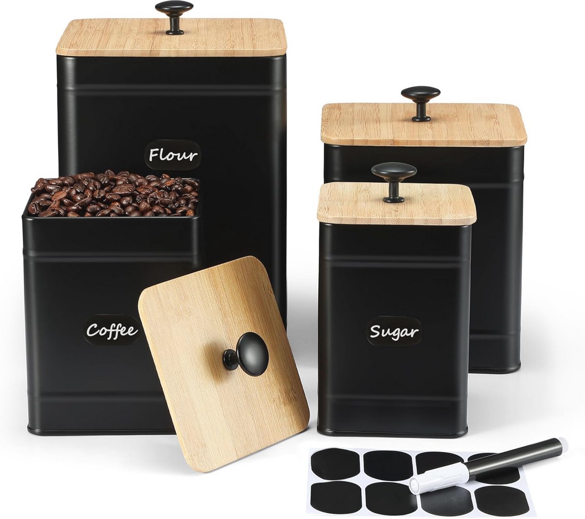 Keuken Canisters Set van 4 Zwart - Met Krijtbordlabels voor Aanrecht