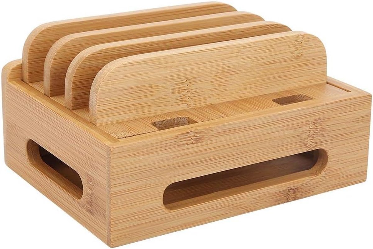 Houten laadstation en organizer voor telefoon en tablet