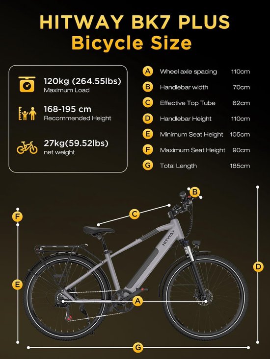 Hitway Elektrische Fiets BK7S Plus - 29 Inch City Commuter EBike met Afneembare 36V 12.8Ah Lithium Batterij - Mountain E-Bike met 250W Motor - 7 Versnellingen - IP54 Waterdicht - Elektrische Fietsen — afbeelding 4