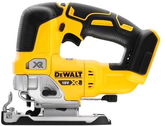 De gele en zwarte DeWalt 18V XR decoupeerzaag staat op een witte achtergrond.