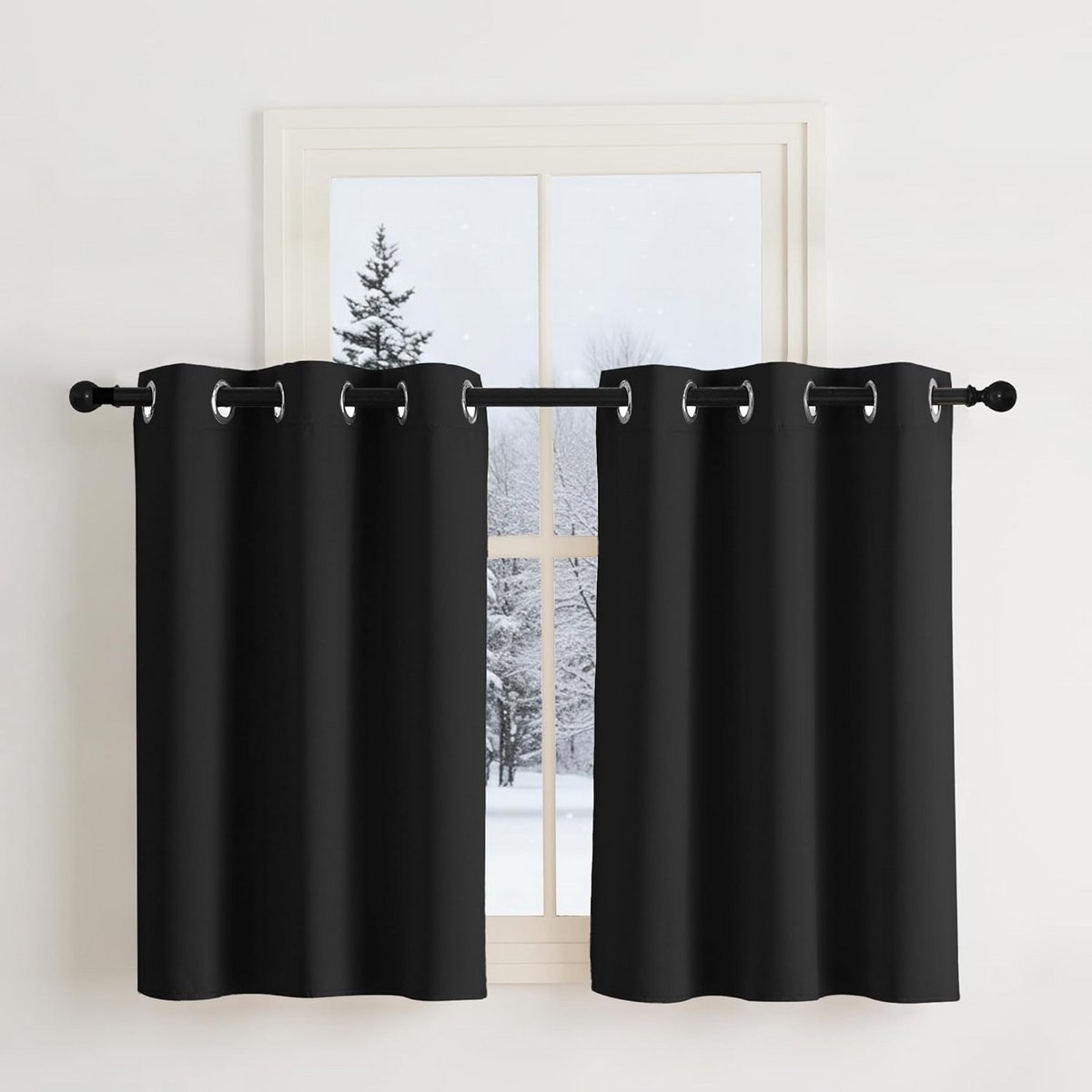 Moderne zwarte vitrage gordijnen kort, set van 2, H90 x B107 cm, keukengordijnen, verduisteringsgordijnen