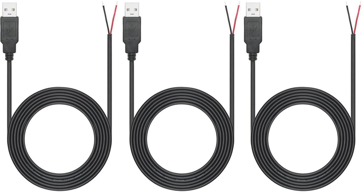 3 Stuks 2M USB Pigtail 2 Draads 22AWG Kabel - 2 Pins Blote Draad Uiteinde - 12V 3A Stekkervoedingskabel