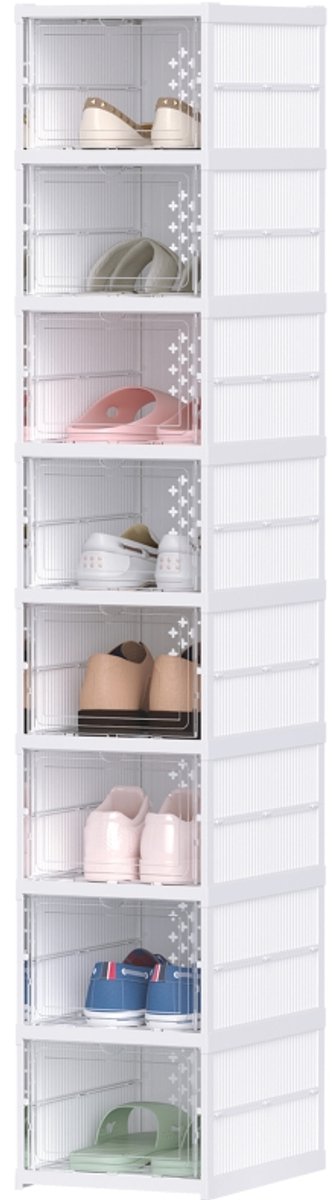 Schoenenboxen - Set van 8 Stapelbare en Vouwbare Opbergboxen met Transparante Deuren - Wit