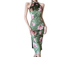 Allecta - Vintage Mouwloze Qipao Jurk met Bloemenprint en Hoge Split