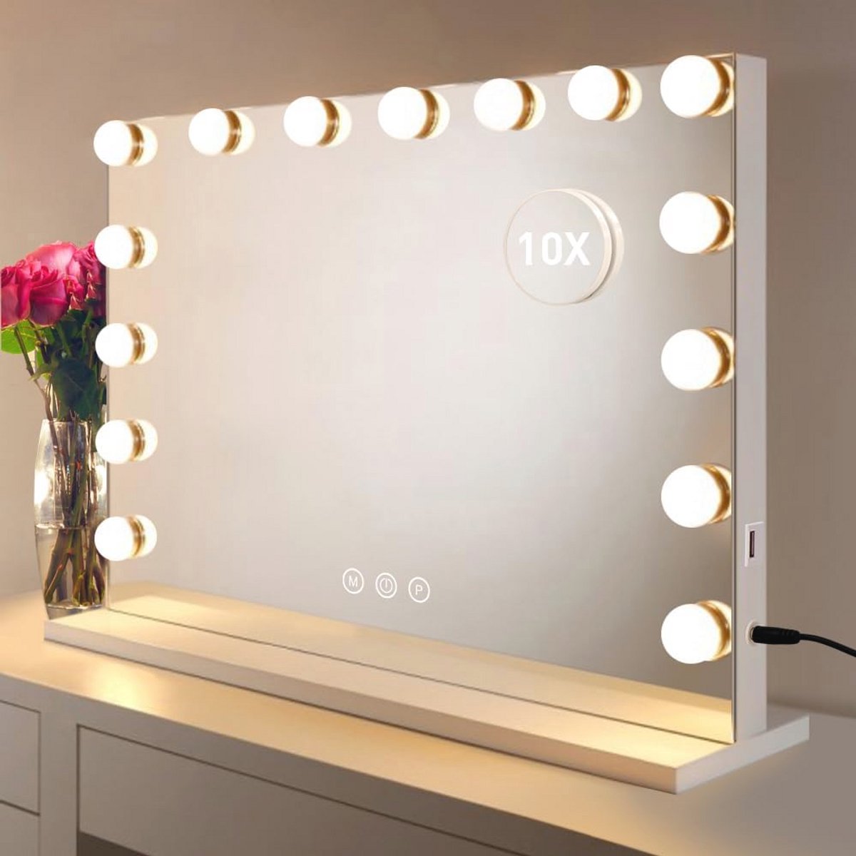 Grote Hollywood-make-upspiegel met 15 dimbare LED-lampen en 3 kleurmodi